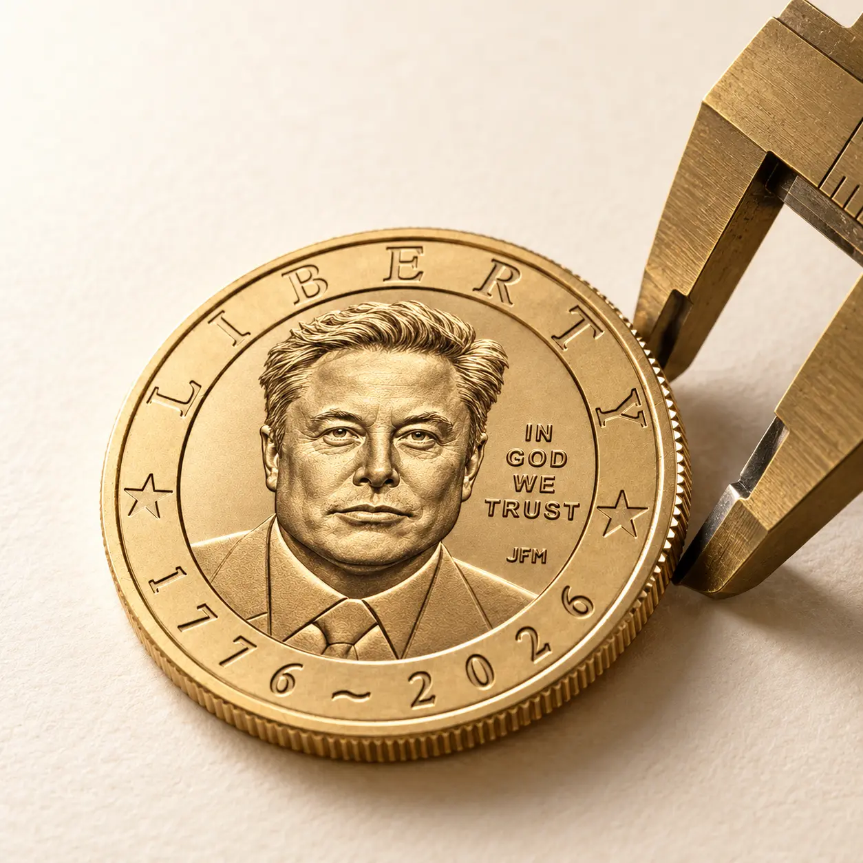 Macro view of the Elon gold coin with a brass caliper on archival paper