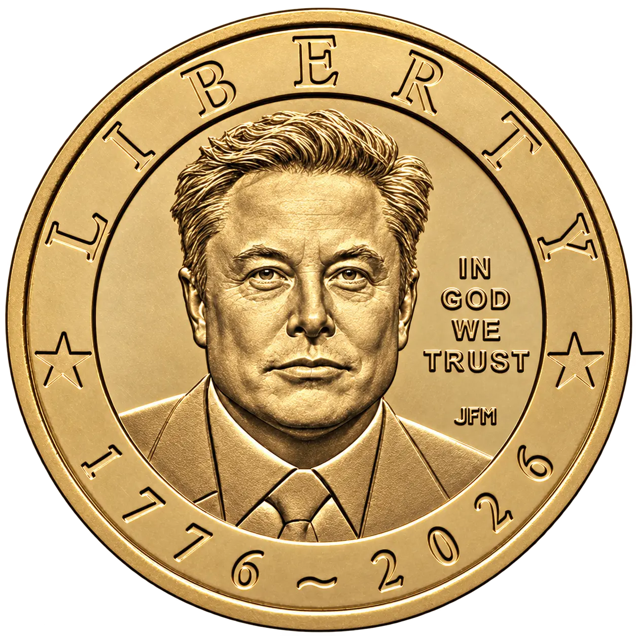 Elon portrait sculpted in gold on the face of a commemorative coin