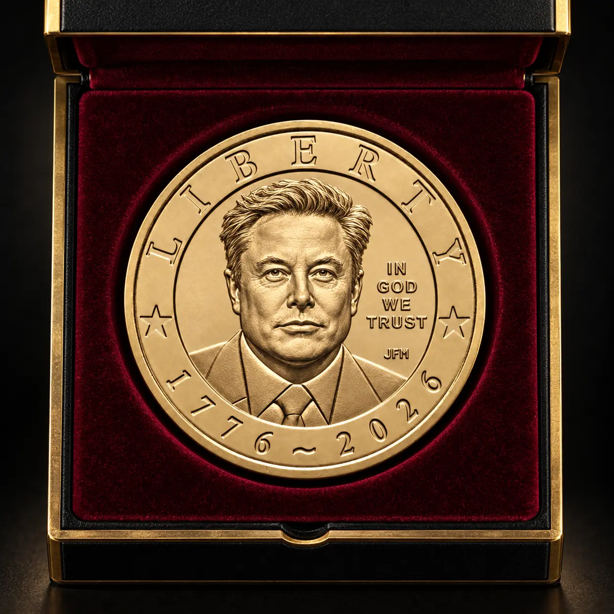 A gold Elon coin in an oxblood velvet presentation case
