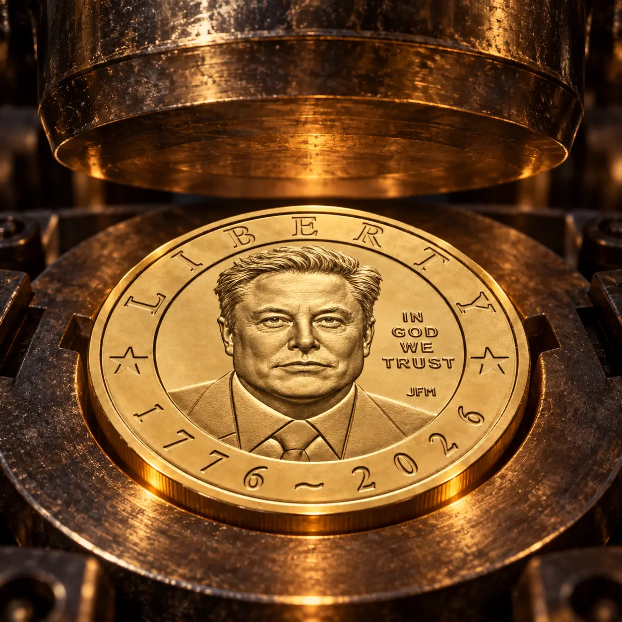 The portrait coin beneath a heavy bronze minting press