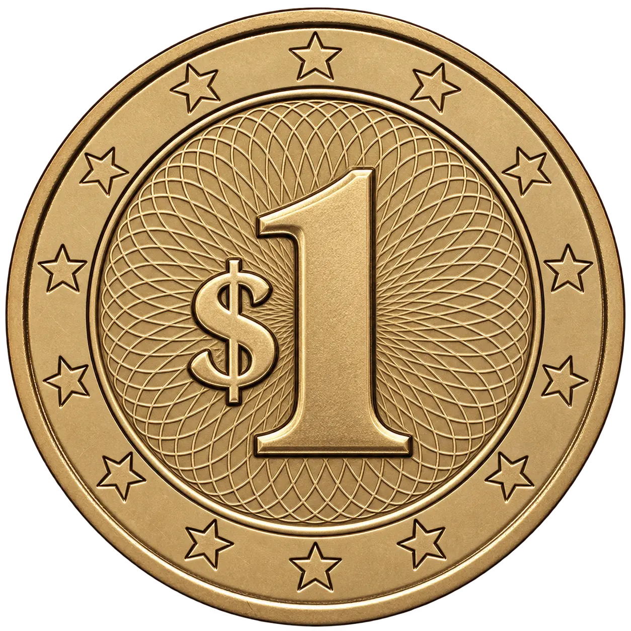 The reverse of the gold coin, engraved with a large $1